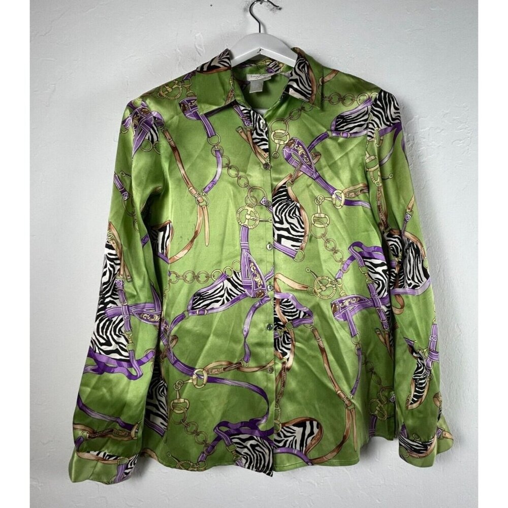 Laura Leigh Ltd Women's Button Down Silk Blouse Top Gold Chain Green Size Small